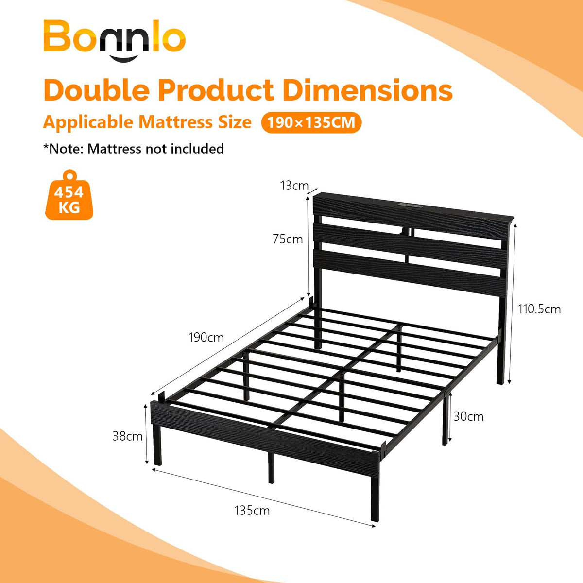 Bonnlo 4ft6 Double Bed Frame with Storage Headboard & LED Lights, 135x190cm, Metal Bed Frame with Charging Station USB/Type-C/2 Outlets