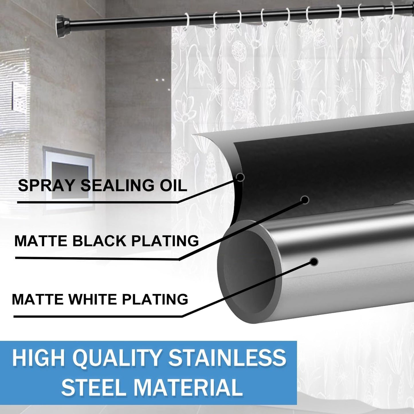 Extendable Shower Pole 76-256cm, Black Spring Tension Rod No Drill for Shower Curtain, Ø25mm Curtain Rod for Bathroom, Bedroom