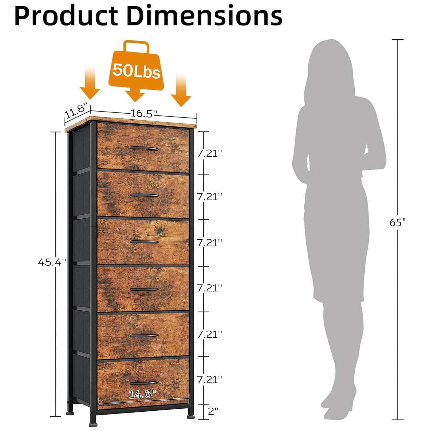 CAIYUN 6 Drawer Tall Dresser, Dresser for Bedroom Entryway Hallway, Closet Storage Drawer, Commode De Chambre, Armoire De Rangement, Rustic Brown