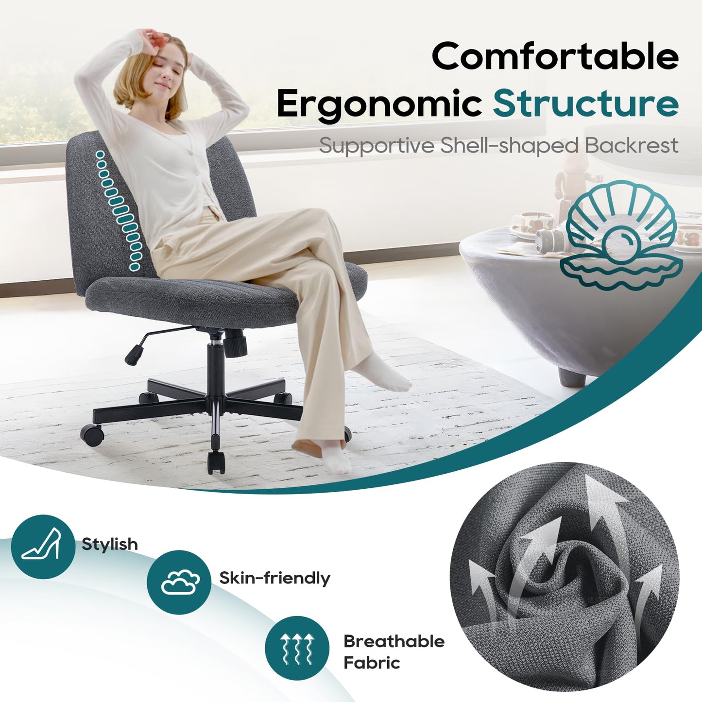 COLAMY Wide Office Chair, Padded Armless Task Vanity Chair Swivel Home Office Desk Chair 115°Rocking Mid Back Ergonomic Computer Chair for Home