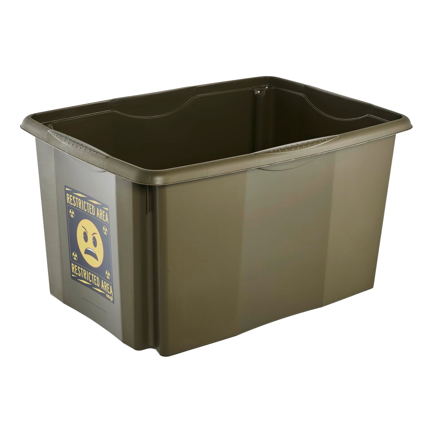 keeeper karolina storage box with lid, 45 l, stackable and nestable, Emoji Danger design, For children, Olive green (Olive)