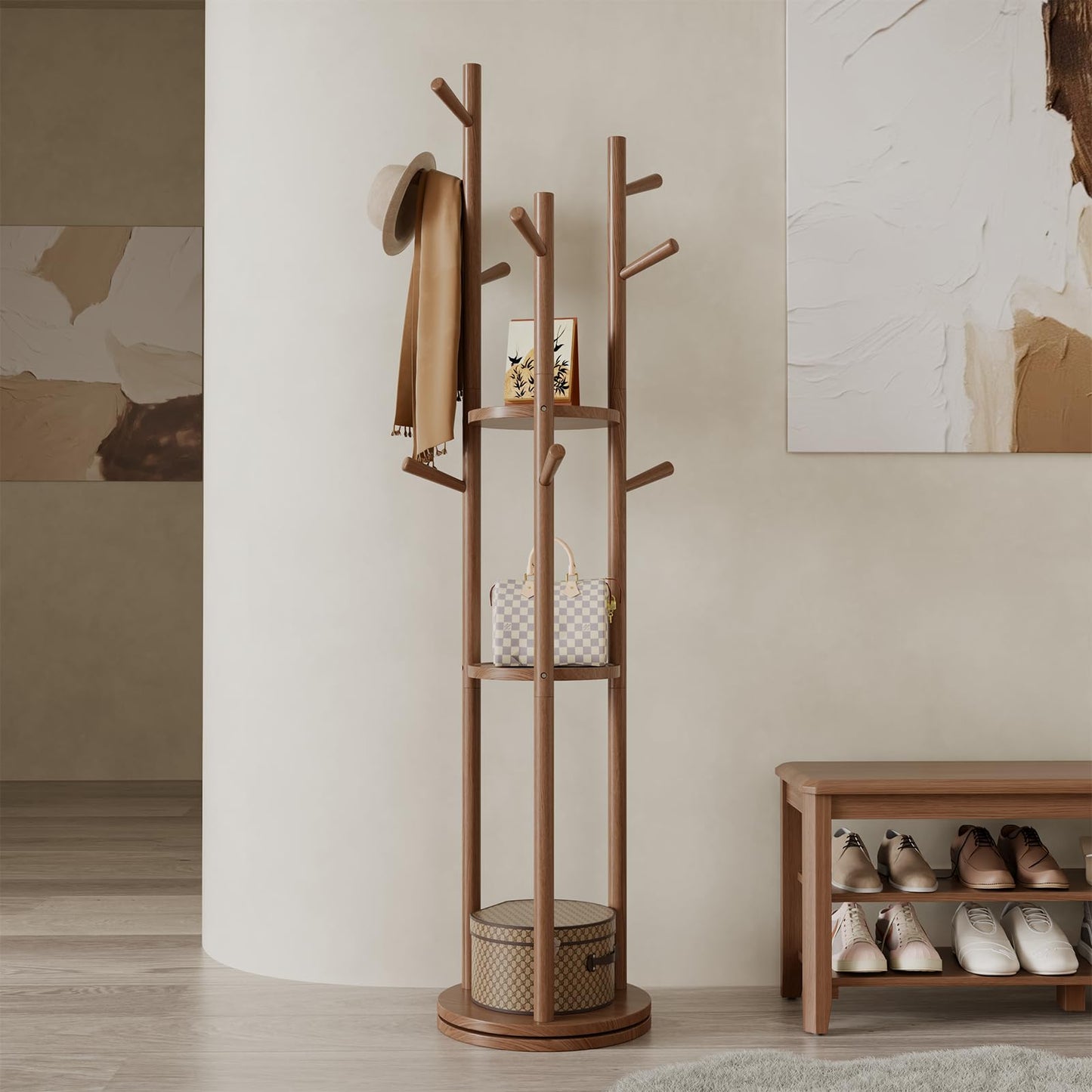 AQIMUELE Coat Stand, Wooden Coat Rack Stand with 3 Storage Shelves and 9 Hooks, Freestanding - Rotatable Coat Hanger Stand