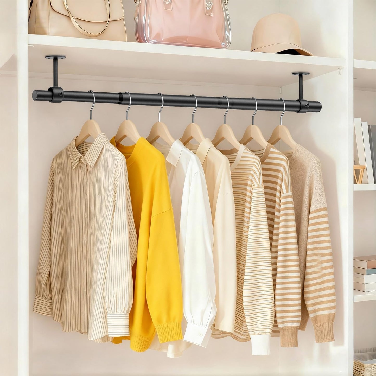 Supforce Wardrobe Rail, 43-99cm Ceiling and Wall Mounted Stepless Adjustable Wardrobe Hanging Rail, 3.3cm Heavy Duty Metal Wardrobe Pole for Wardrobe