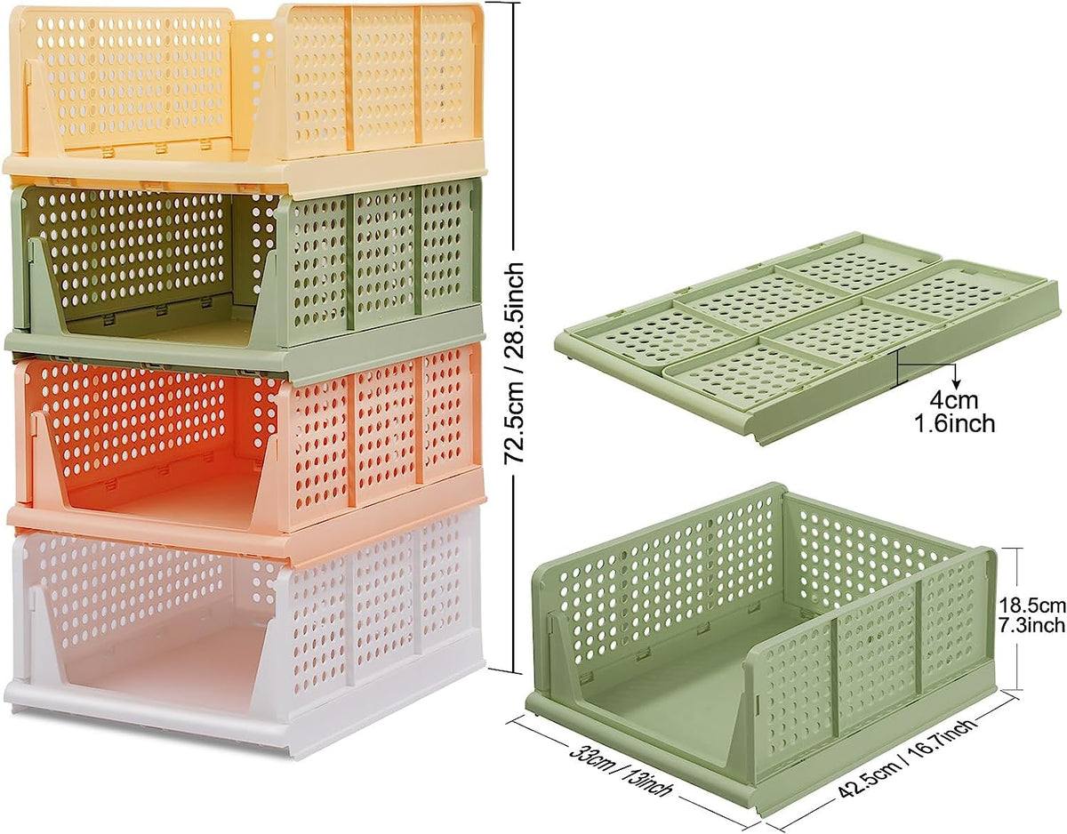 Set of 4 Stackable Foldable Wardrobe Storage Box Organizer Easy Open and Folding, Plastic Cabinet Basket Shelves Closet Organiser Box
