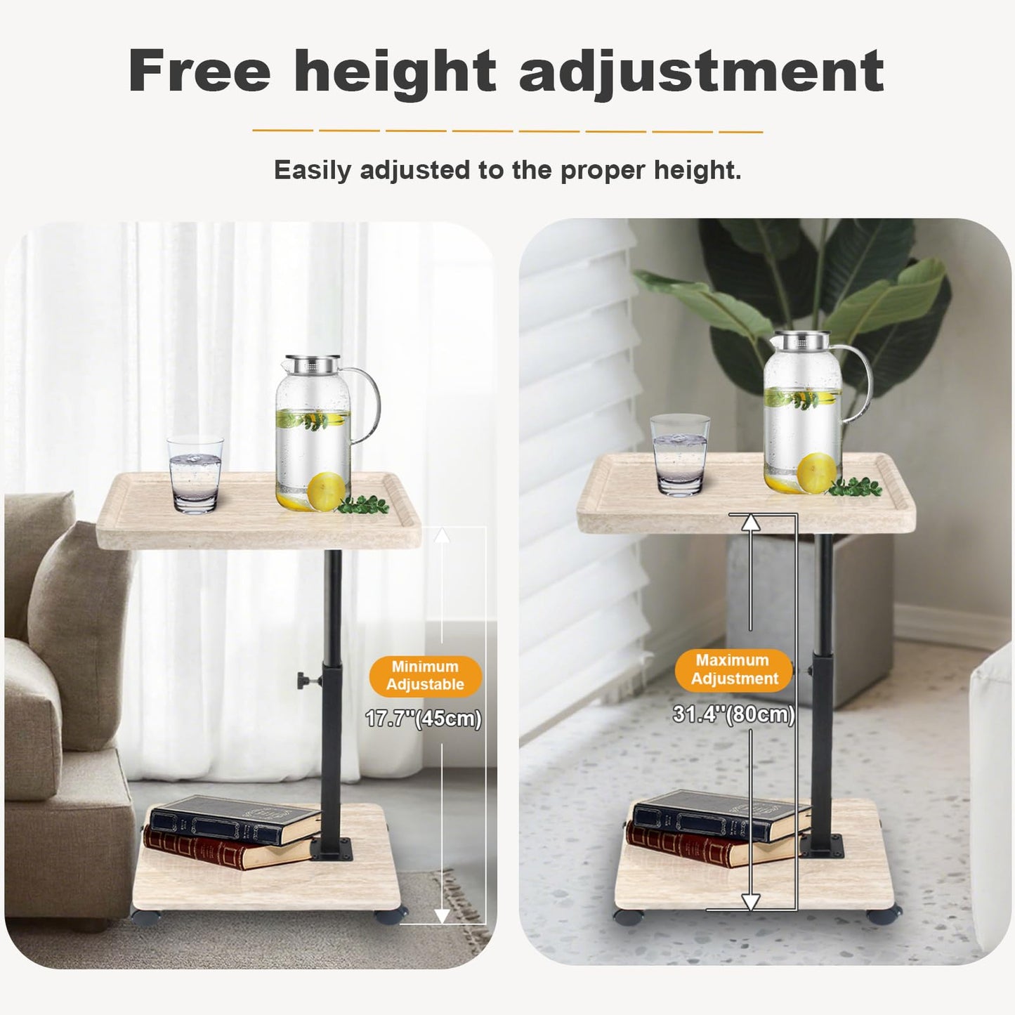 YYW C-Shaped Side Table TV Tray With Rolling Wheels, Height Adjustable