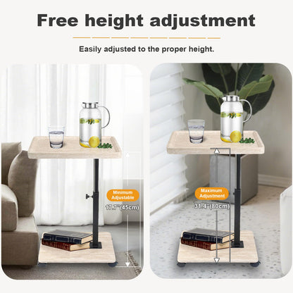 YYW C-Shaped Side Table TV Tray With Rolling Wheels, Height Adjustable