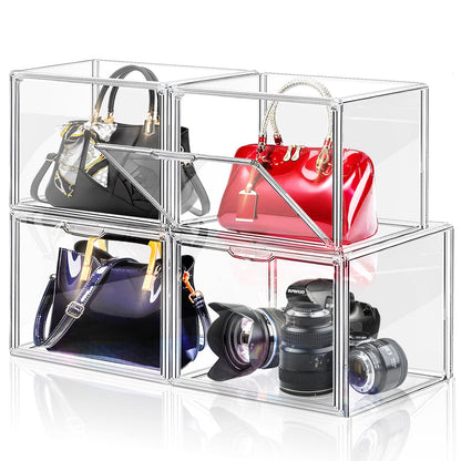 LINYAPRY Set of 4 Plastic Purse Storage Organizer for Closet, Acrylic Display Case for Purse and Handbag, Stackable Storage Boxes Organizer with
