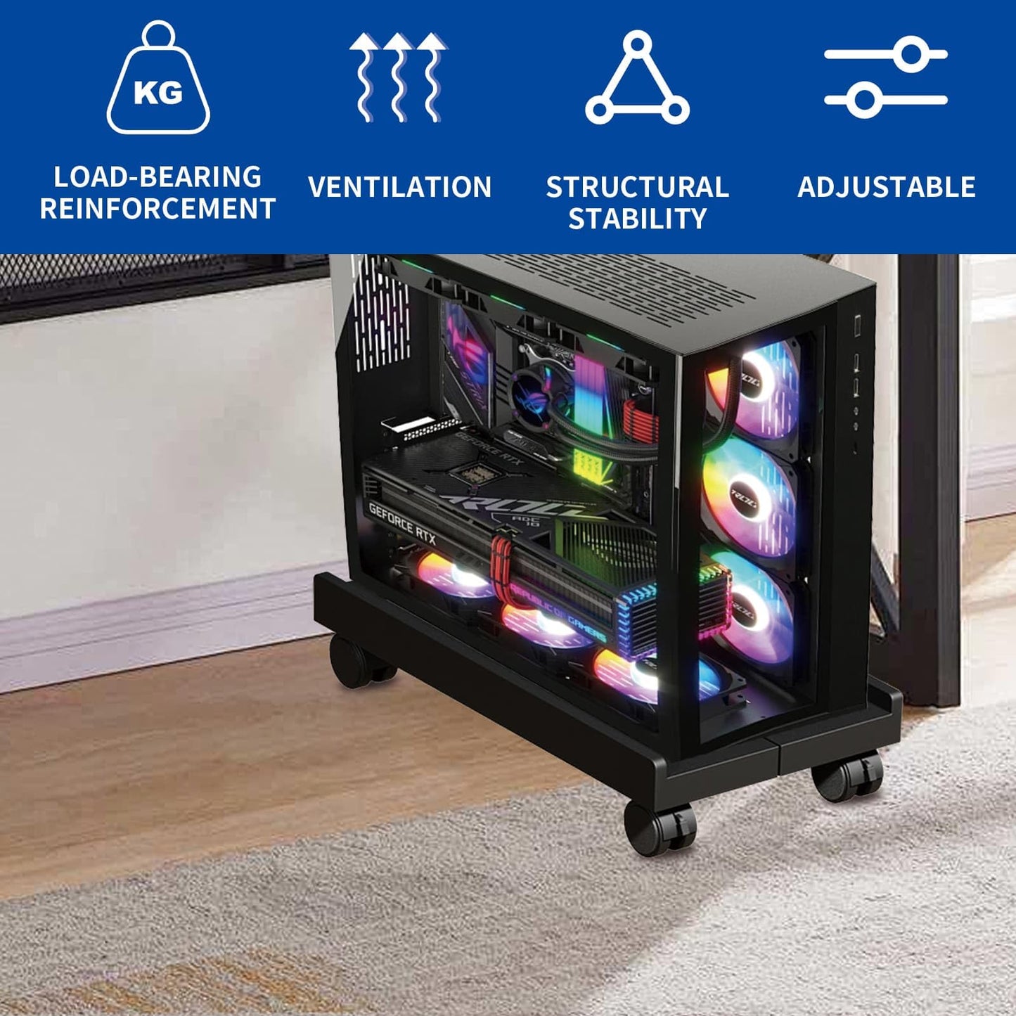 Eidoct Adjustable Under Desk Computer Tower Holder Mobile Pc Stand with 4 Wheels Fits Most PC (Multi-hole)