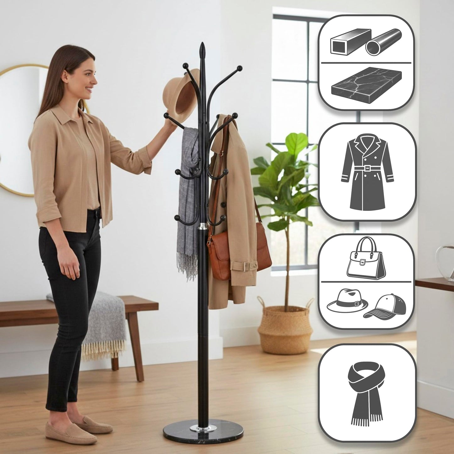 HAKU Coat rack chrome, black, marble, metal coat rack - Dimensions: H 179 x Ø 40 cm, Style: Modern