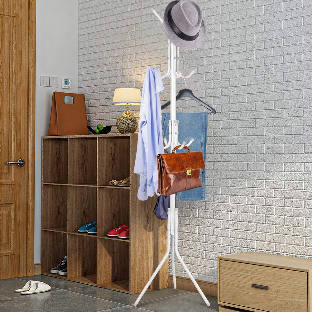 Ejoyous Coat Rack Stand, Steel Clothes Hanging Tree Stand with Multiple Hooks 174cm Standing Coat Tree for Hats, Bags, Scarf White
