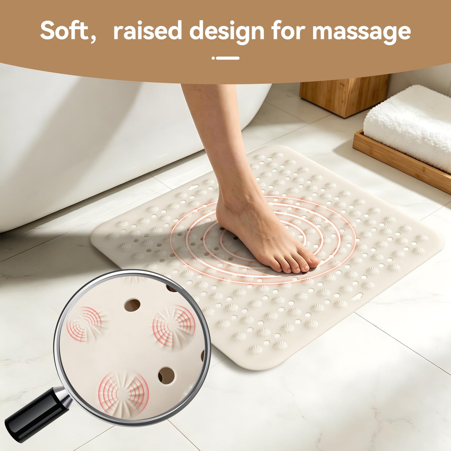 Volminex Non-Slip Bath Mat, Shower Mats, Bathtub Mat, Off-white, 60×60cm