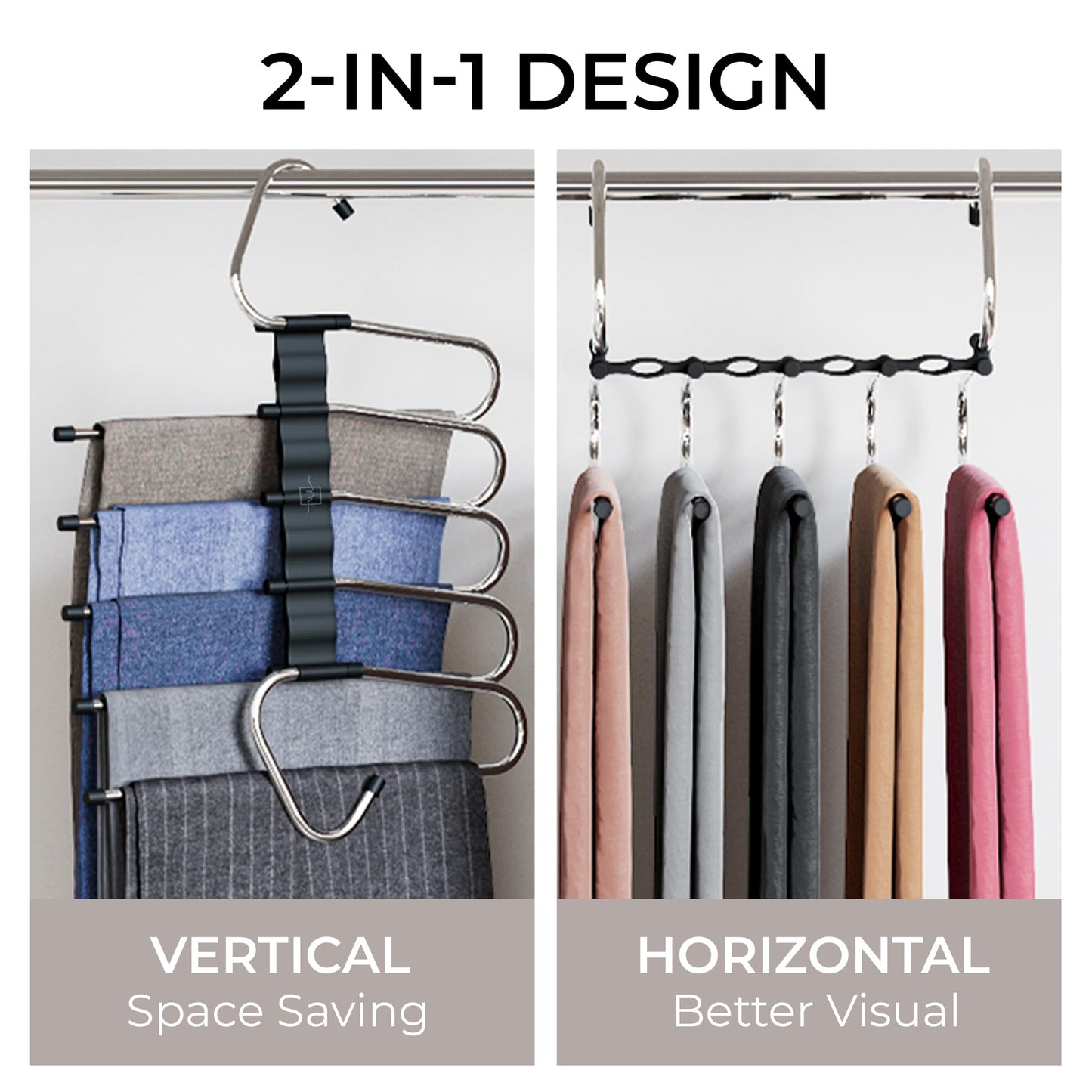 MORALVE Trousers Hangers Space Saving - 2 Pack - Non-Slip Multi-Layer Space Saving Hangers - Multifunctional Clothing Rack for Closet Storage