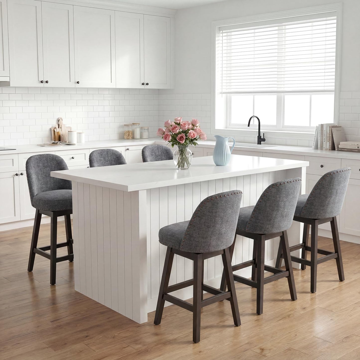 Bar Stools Set of 6, 360° Swivel Counter Stools with Upholstered Seat, Wooden Frame & Nailhead Trim