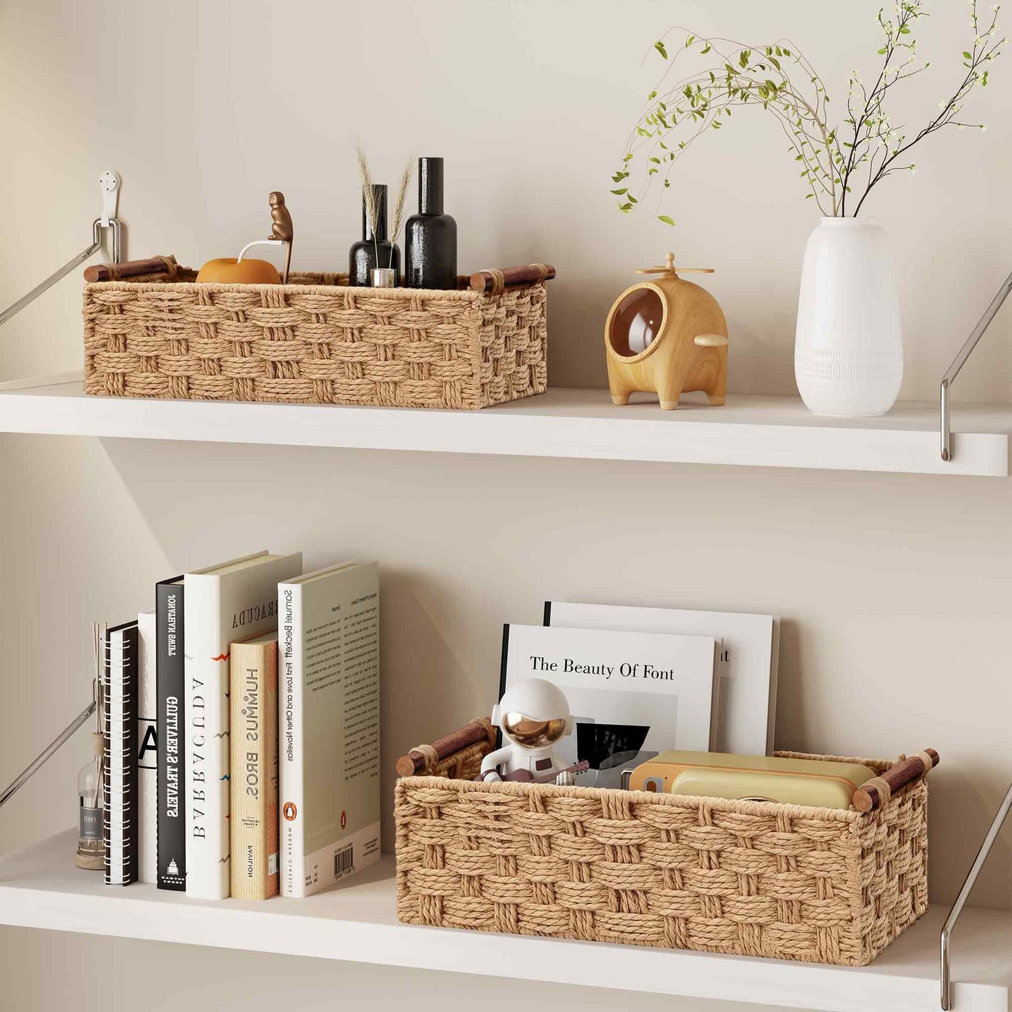 Vagusicc Wicker Storage Basket with Handle, Set of 2 Handwoven Paper Rope Storage Basket for Shelves