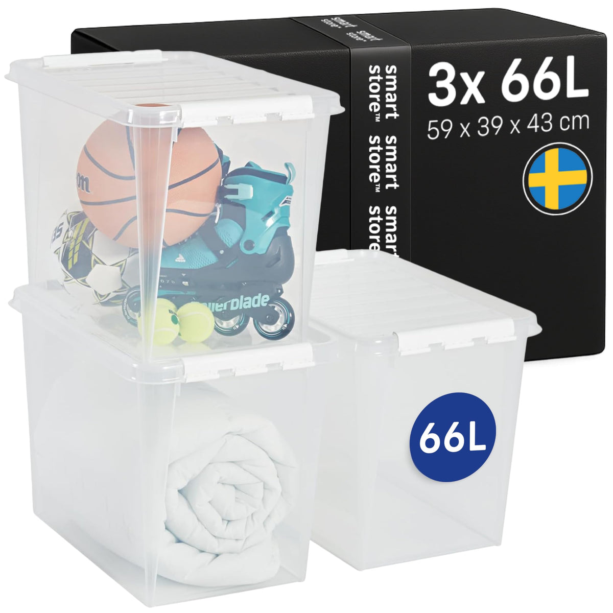SmartStore - 3x Plastic Storage Box with Lid Classic 66L 59x39x43cm |Plastic Storage Drawers with Lid|Food-Safe Material|Kitchen &