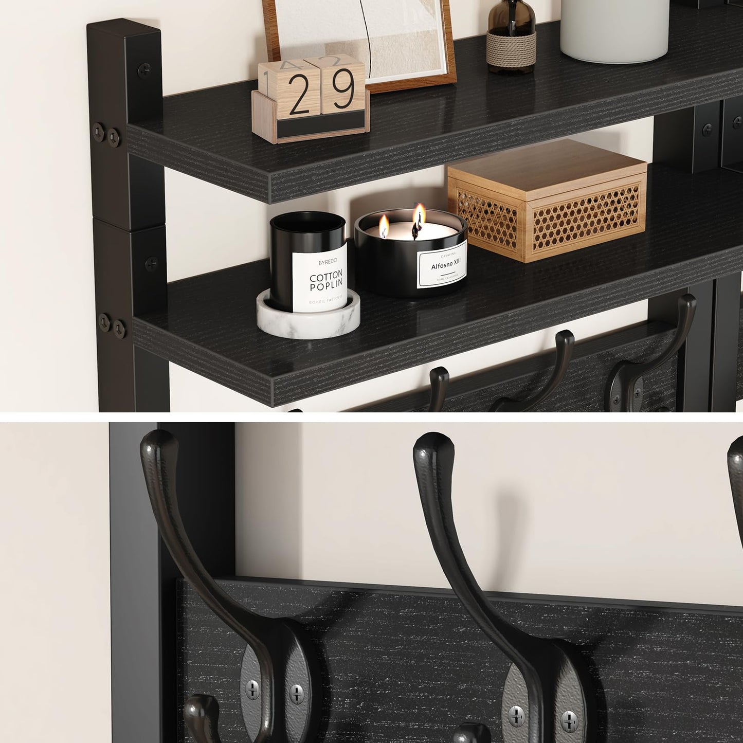 YMYNY 2-Tier Coat Hooks Wall Mounted with Shelf, Black HWS009B-2