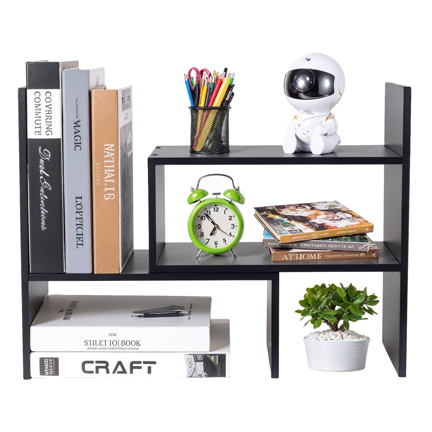 Wooden Desk Shelf, Adjustable Desktop Bookshelf, Small Black Bookcase