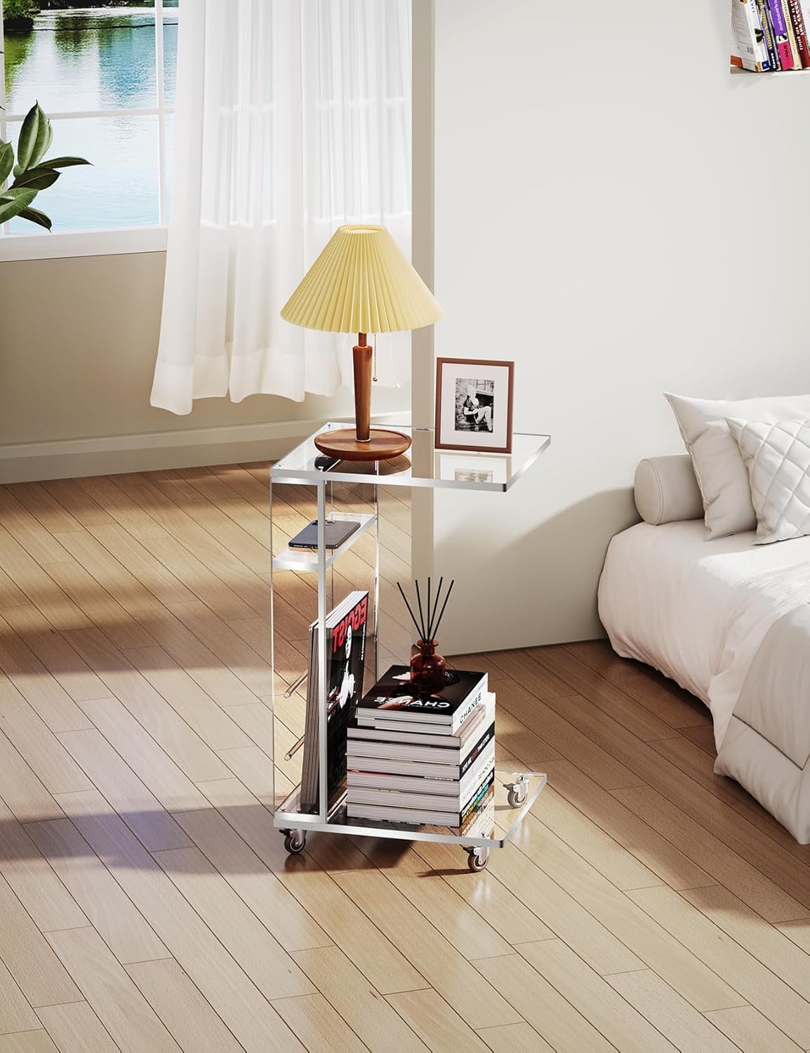 Acrylicolor Clear Acrylic C Shaped Side Table on Lockable WheelsClear