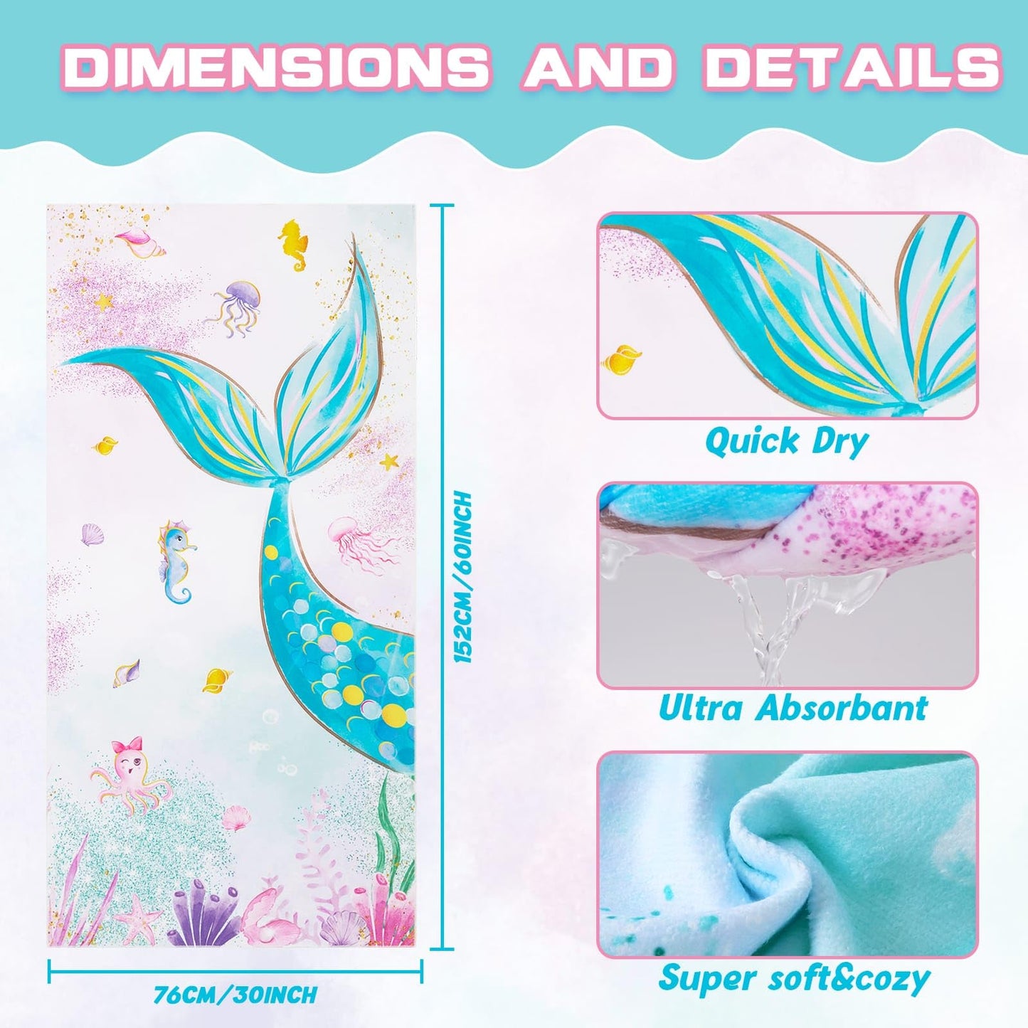 WERNNSAI Mermaid Microfibre Beach Towel for Kids, 76 x 150cm Bath Towel