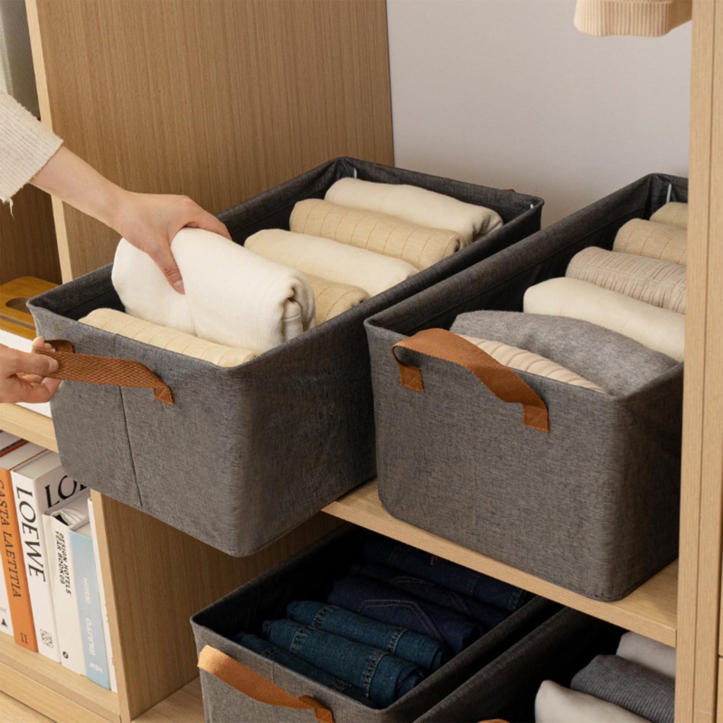 Foldable with Handle Box 2-Pack 18L Storage Basket for Shelves Household Drawer Style Fabric Box for Clothes Bed Linen Pullover T-Shirts Blankets