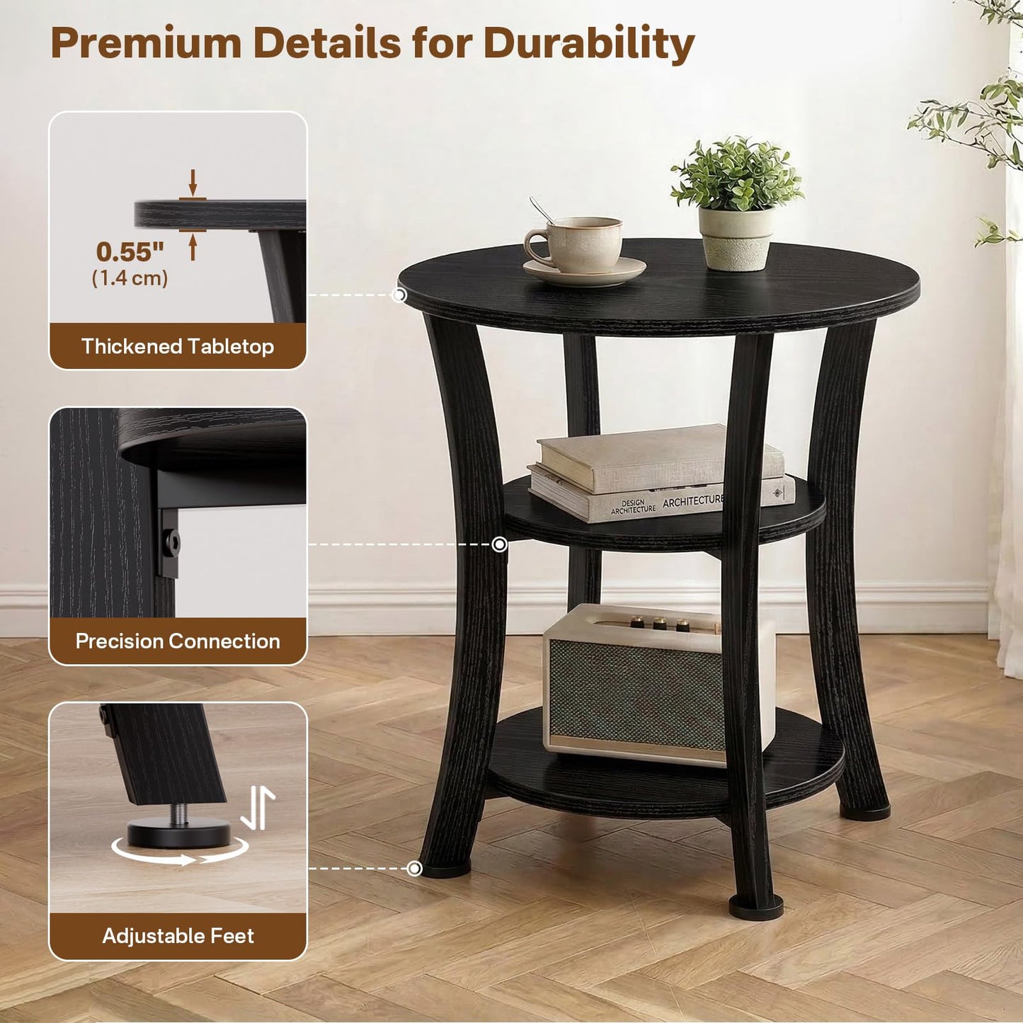 Yuede Round End Table, 3 Tier Side Table with Storage, 50 CM Farmhouse Wood Side Table