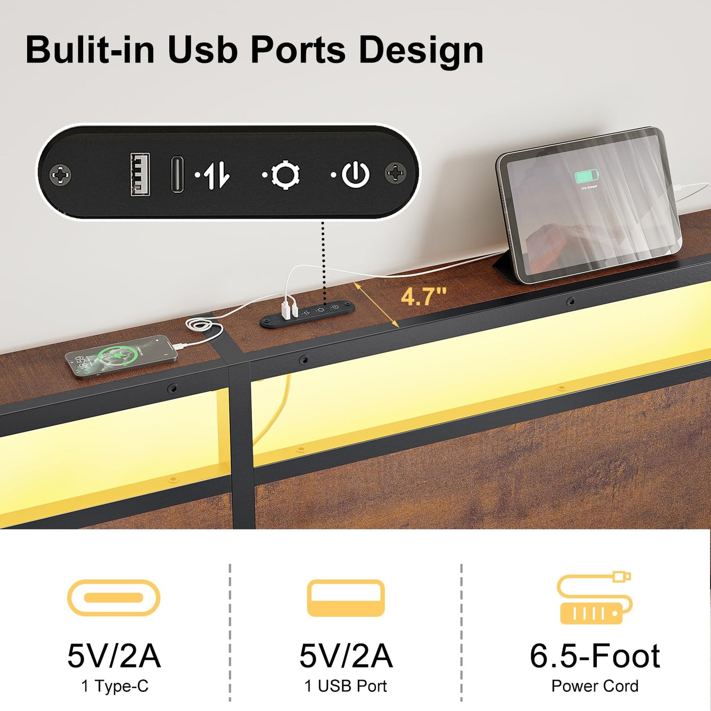 Mossora King Bed Frame with LED Headboard & Charging Station 150 * 200cm