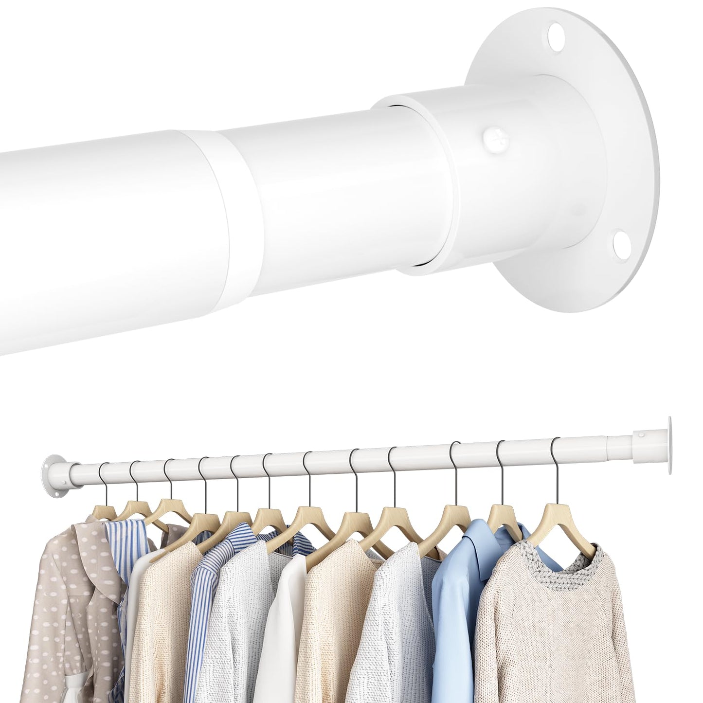 Wardrobe Rail Extendable Clothes Rail Adjustable Wardrobe Rail with Fixing Sockets and Screws for Wardrobe and Cloakroom, White