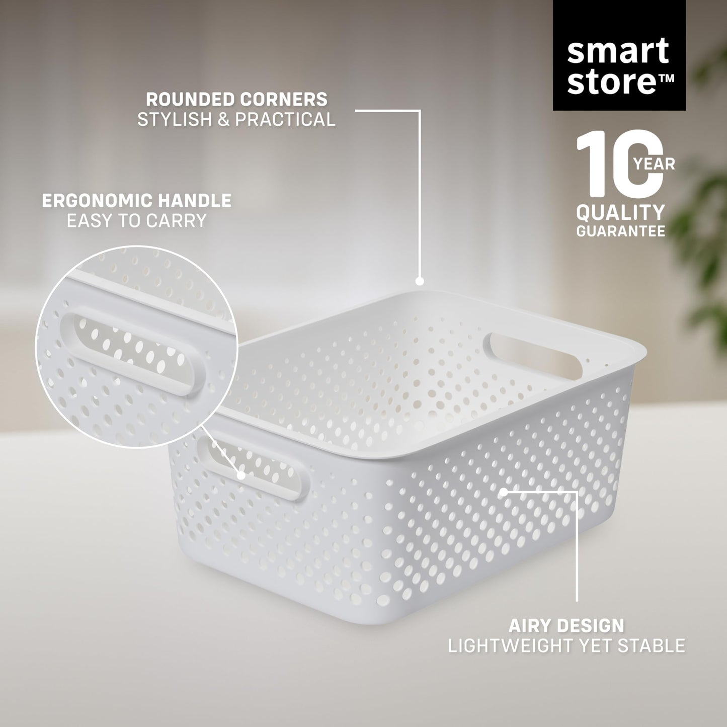 SmartStore Storage Basket with Handles in White 11.4L (36.5x27x15cm) | Plastic Storage Bin from Recycled Plastic