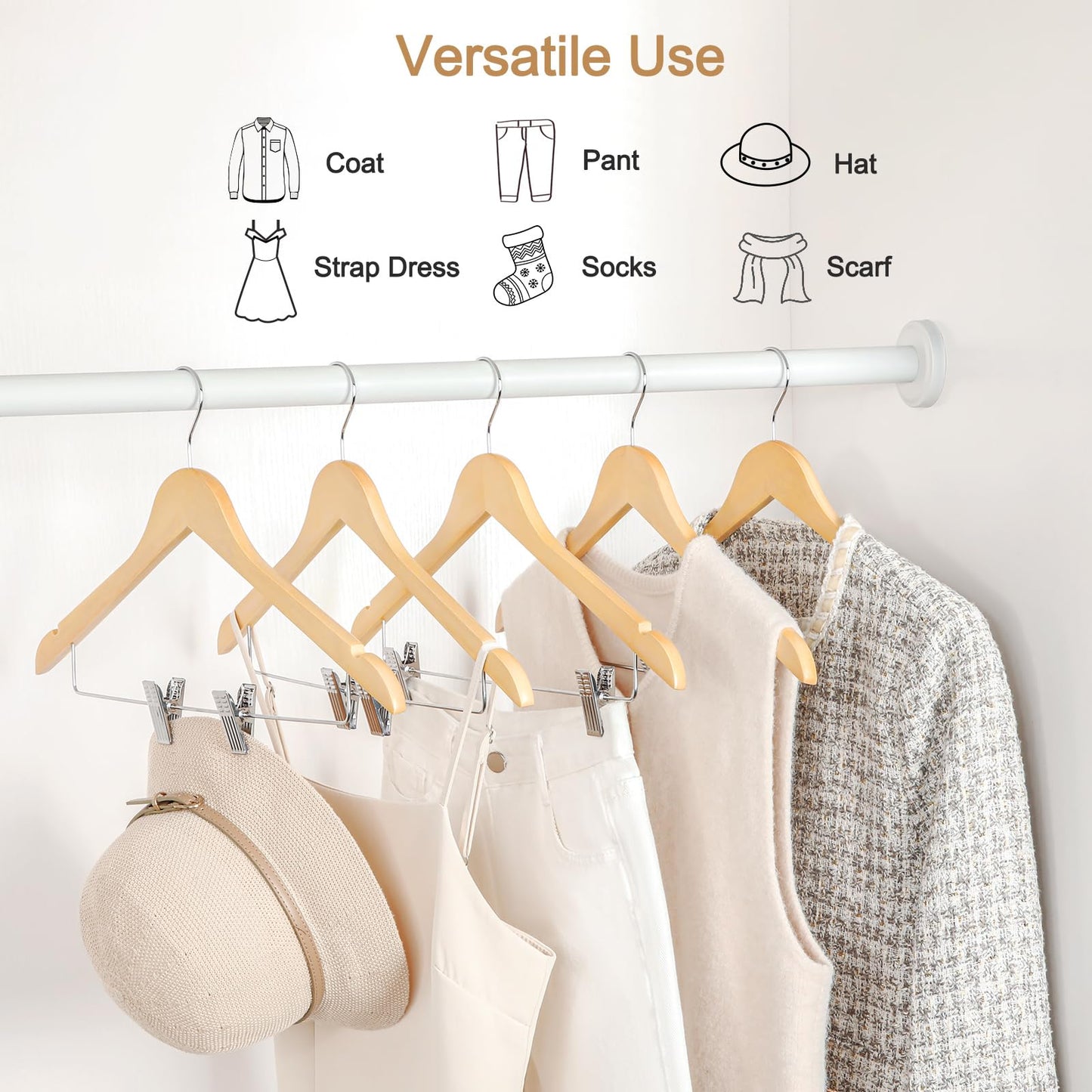 TOPIA HANGER Wooden Hangers with Adjustable Metal Clips and 360° Swivel Hook, Premium Wood Clothes Hangers 10 Pack for Suit, Pant, Skirt, Jeans, Coat