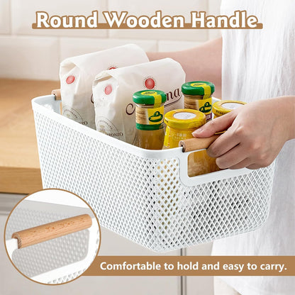 6 Packs Plastic Storage Baskets with Wood Handles, Cupboard Storage Boxes