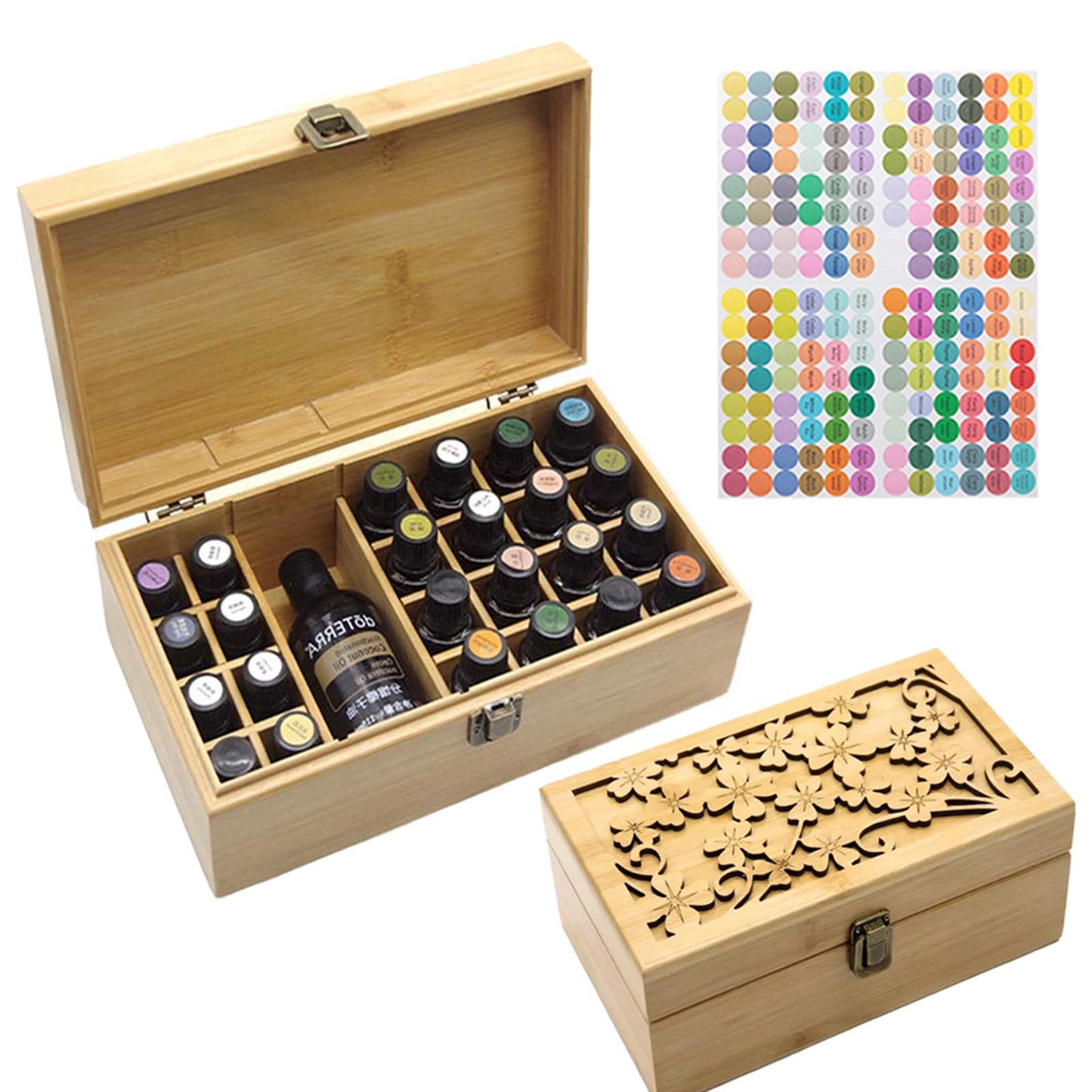 Bamboo Storage Box for Aromatherapy Essential Oil - Wooden Box for 25 Bottles - Ideal Organizer for Travel and Presentation #A