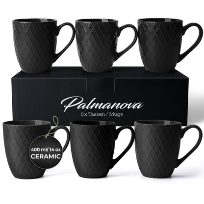 MIAMIO  6 x 400 ml  Coffee Mug Set/Mug - Modern Ceramic Mug Matt - Coffee Mug Large - Palmanova Collection (Black)