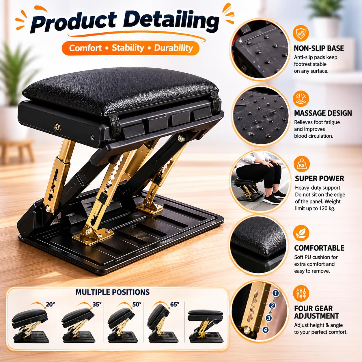 Foot Rest Under Desk with Phone Holder & Soft Pad, 4-Level Adjustable Foot Stool Support 120 lbs, Foldable Foot Stool Under Desk