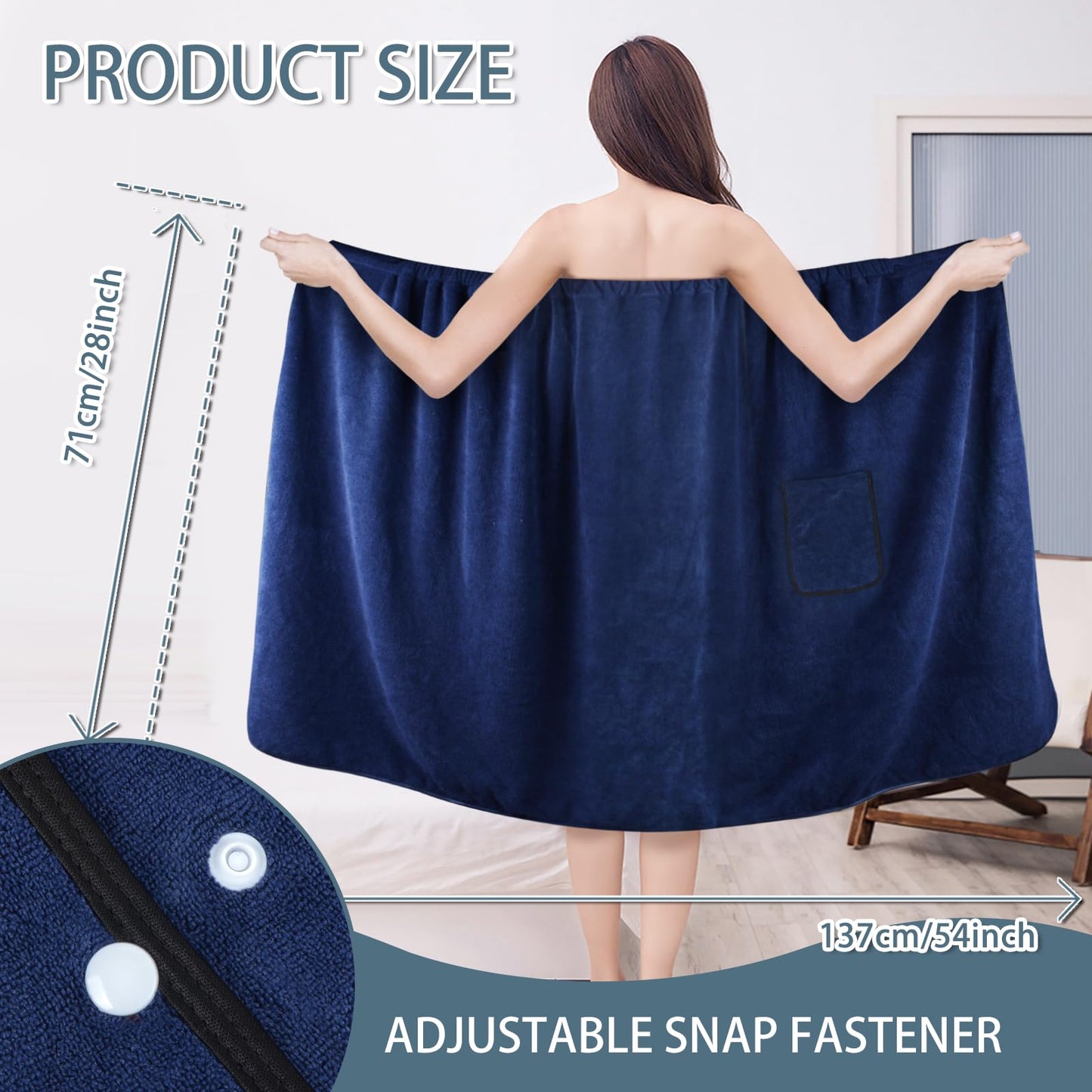 SINLAND Womens Microfiber Spa Wrap Towel Bath Towel with Snap Closure (27Inchx53Inch, Navy Blue)