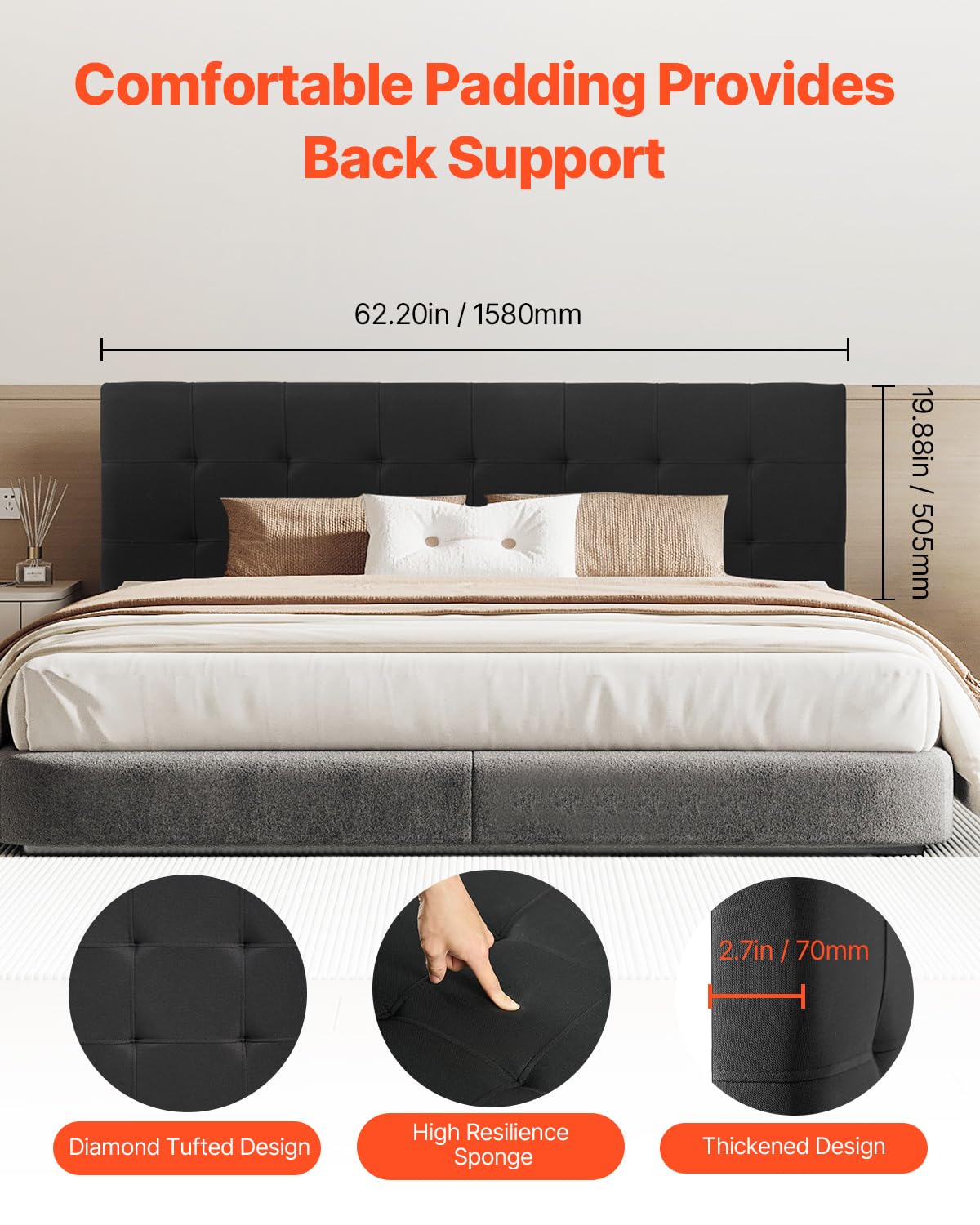 VEVOR Headboard, Queen Size Headboard with Adjustable Height, Comfortable Diamond Tufted for Queen Size Bed, W62.2 x H42.72-54.53 x D2.76 in