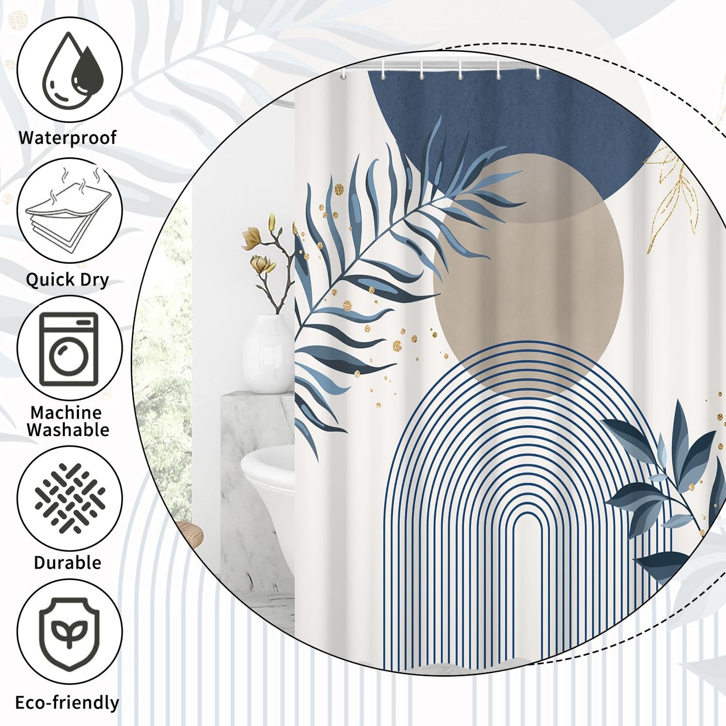 GCIREC Shower Curtain, 180x200cm, Blue Khaki Boho Mid Century Modern Abstract with Minimalist Leaf Waterproof Fabric Machine Washable Bathroom