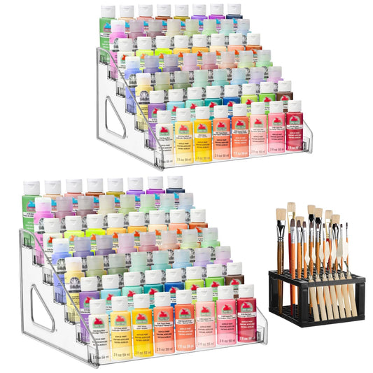 YEXEXINM 2 Pcs Acrylic Paint Organizer with Paint Brush Holder, 7 Layers Clear Paints Storage Rack Craft Colorant Holder Rack for Craft Hobby