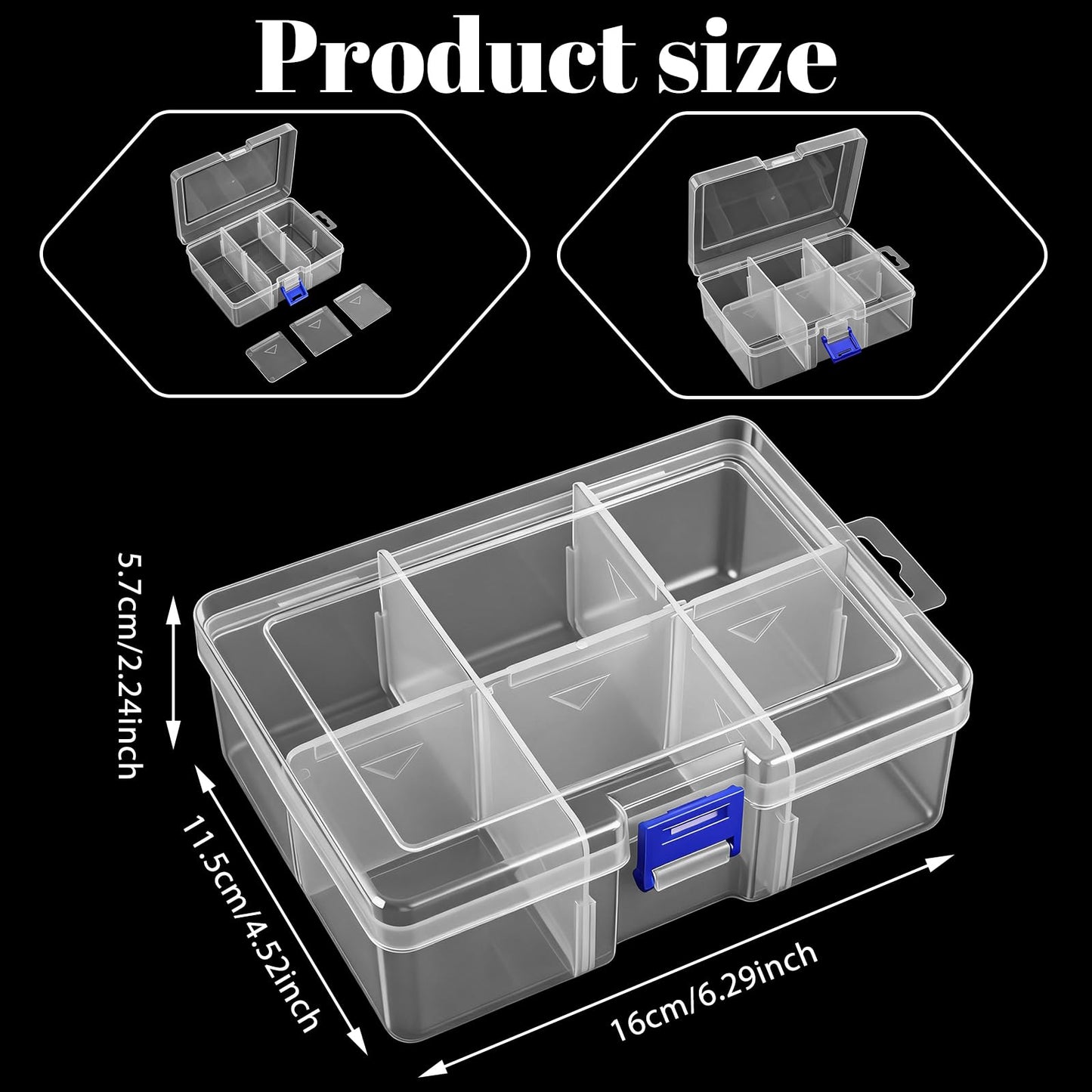Xelsluthe Plastic Organiser Box, 6 Grids 6.29 Inch X 4.52 Inch Compartment Storage Boxes, Clear Organizer Box