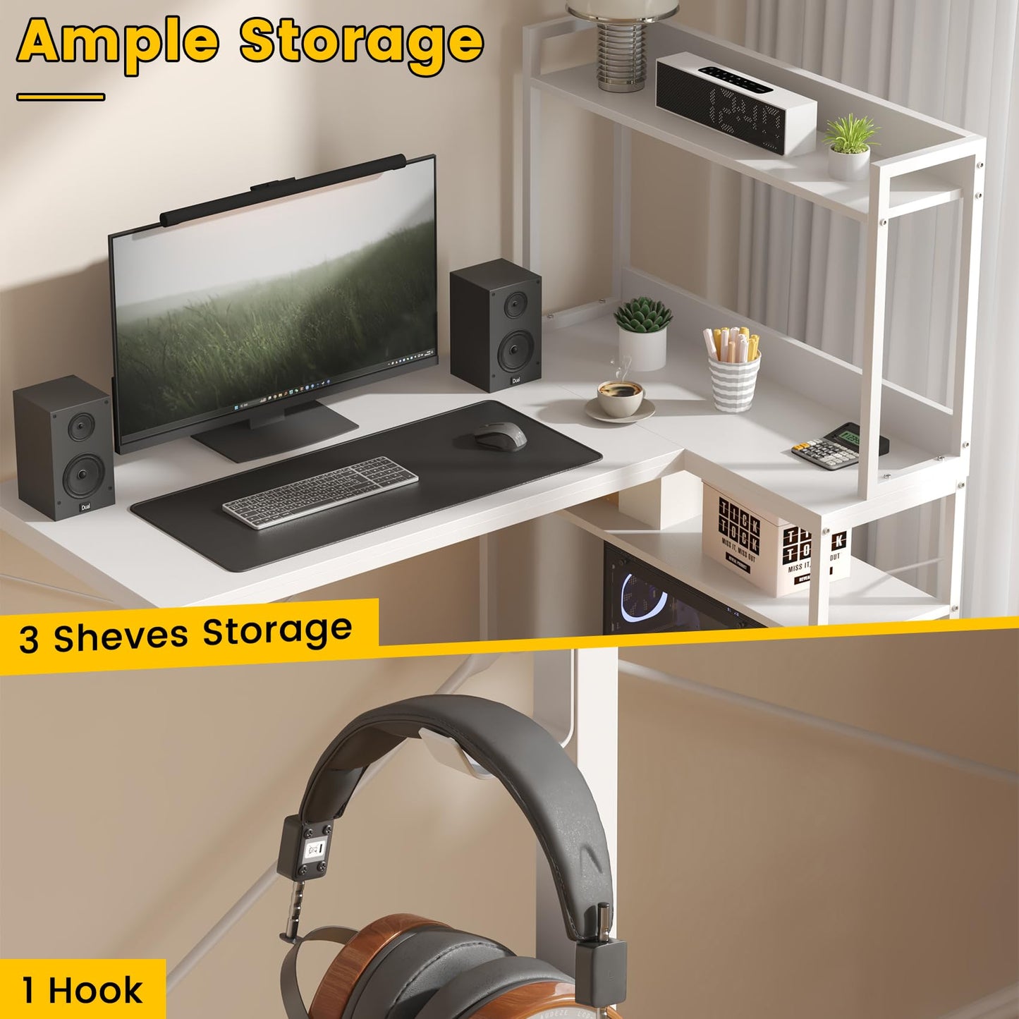 Feonase 47" L-Shaped Computer Desk Gaming Desk with Durable Metal Frame, Corner Desk with 4 Sheves and Hook
