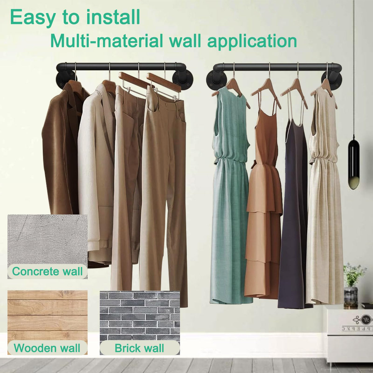 SMILOVII Wall Mounted Clothes Rail, Industrial Metal Garment Hanging Storage Rail, 49cm Detachable Heavy Duty for Home Shops and Closets, Black