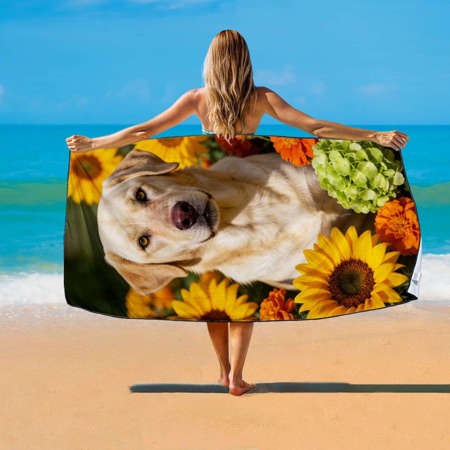 Violetpos Labrador in Sunflowers Beach Towel, Extra Large 180x90 cm 250GSM Microfibre, Sand Free Quick Dry