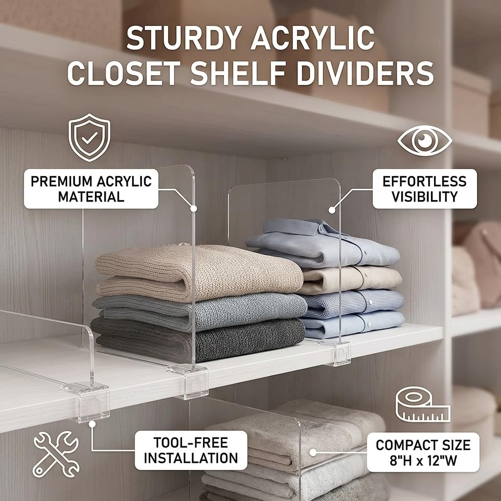 Irishom 8 Pack Clear Acrylic Shelf Dividers, Wardrobe Organiser & Separator for Clothes, Towels and Bags