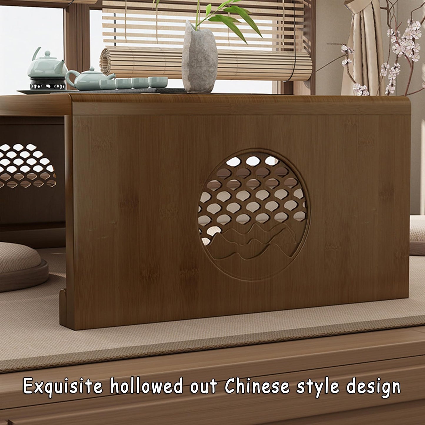 JIANCNGU Bamboo Chinese Tea Floor Table Japanese Foldable Coffee Table Altar Table For Meditation Low Portable Collapsable Tatami Table for Living