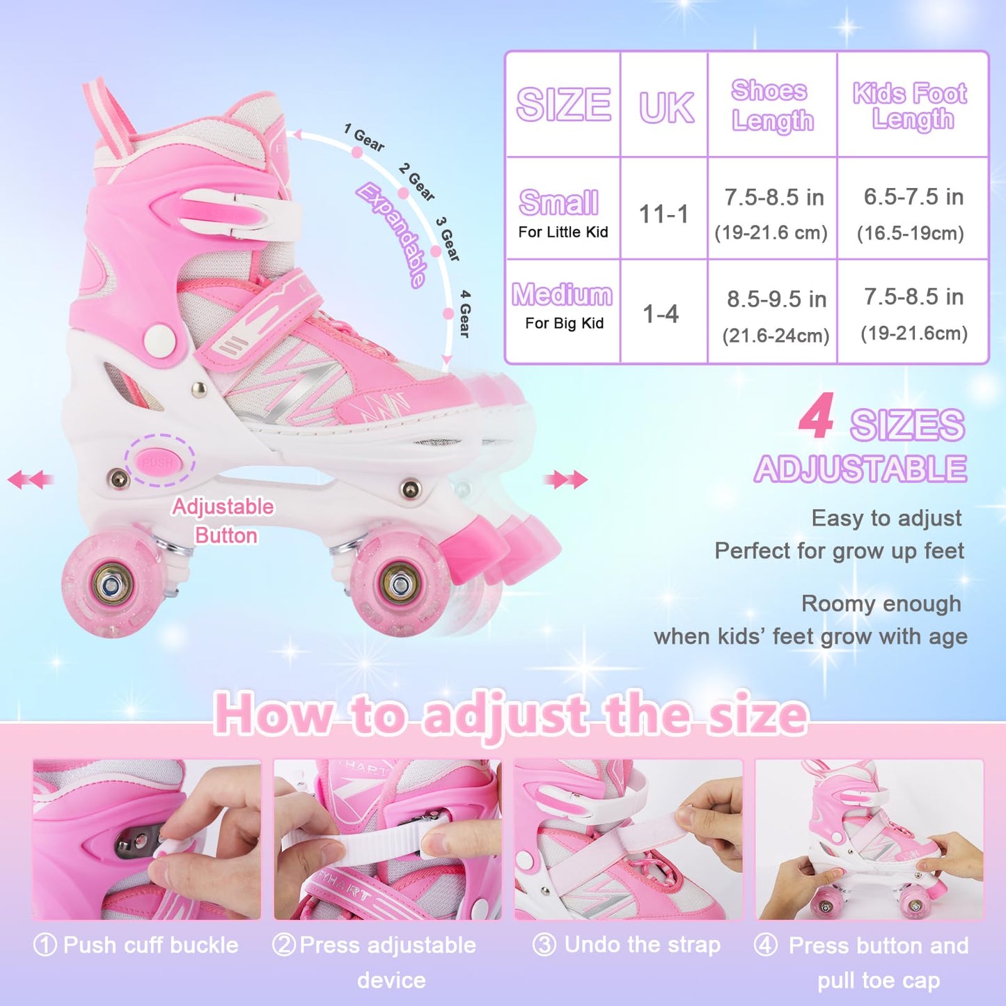 Kids Girls Roller Skates For Toddler Child Beginner, 4 Sizes Adjustable Kids Roller Skates with Light Up Wheels (Pink White, Small)
