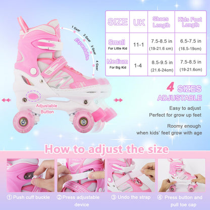Kids Girls Roller Skates For Toddler Child Beginner, 4 Sizes Adjustable Kids Roller Skates with Light Up Wheels (Pink White, Small)