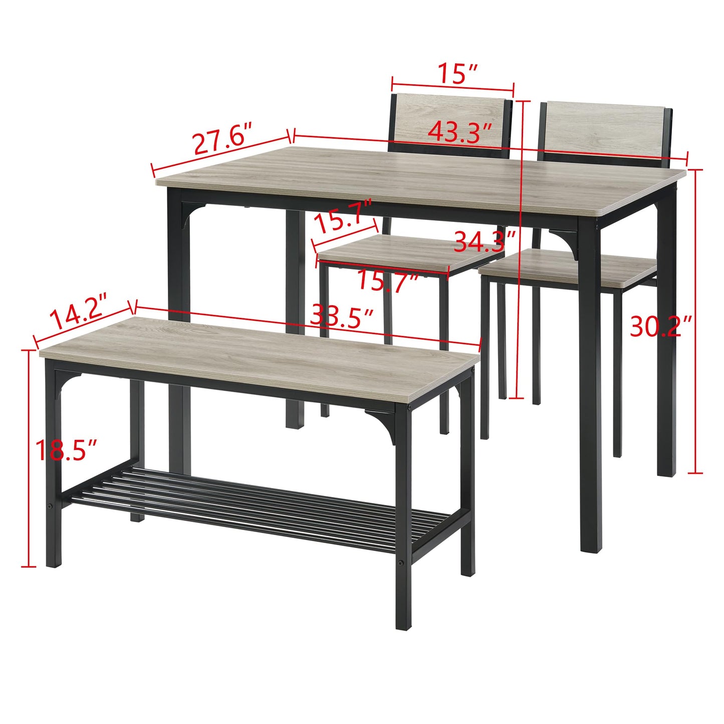 Panana 4 Seats Dining Table Set Wooden Compact Table 2 Chairs 1 Bench Set Metal Kitchen Room Furniture (Grey)