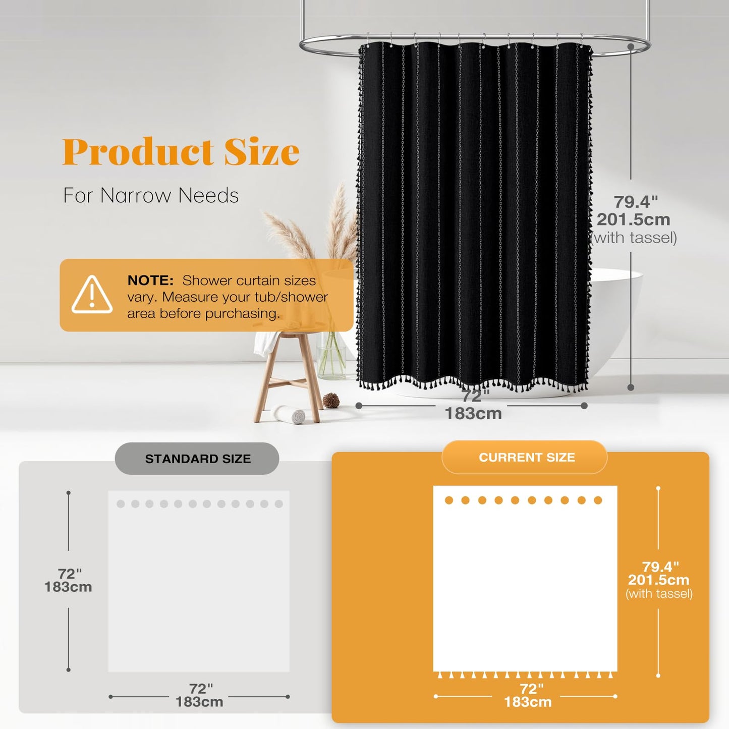 BTTN Long Boho Farmhouse Striped Weighted Shower Curtain, 183x201cm, Black