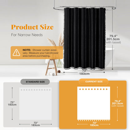 BTTN Long Boho Farmhouse Striped Weighted Shower Curtain, 183x201cm, Black