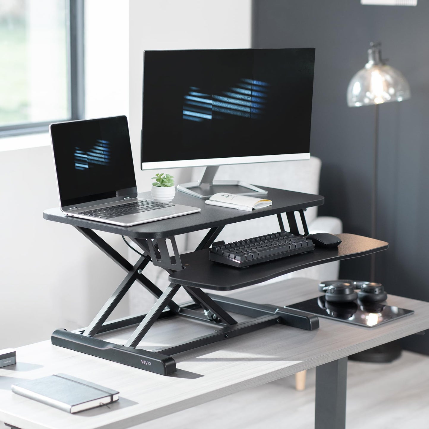 VIVO 71 cm Desk Converter, K Series, Height Adjustable Sit to Stand Riser, Dual Monitor and Laptop Workstation with Keyboard Tray, Black, DESK-V028KB