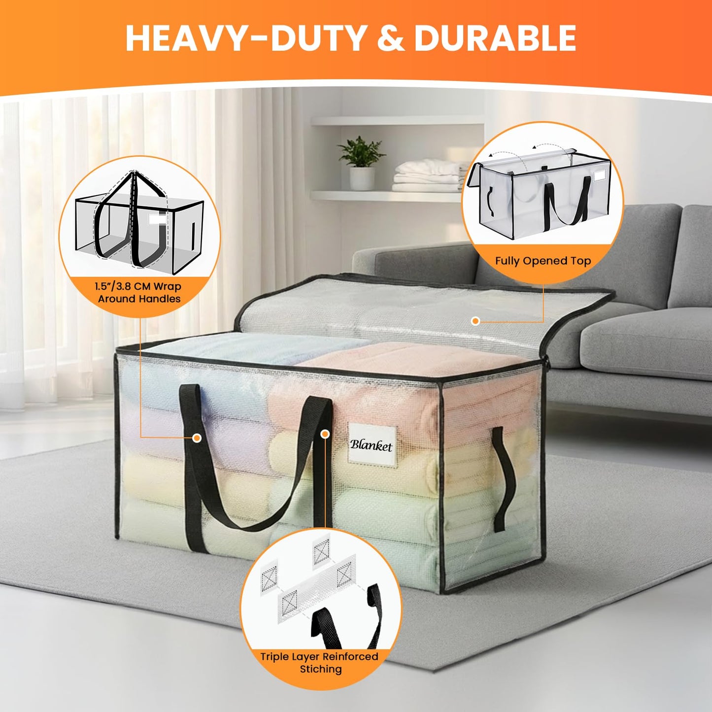 RICHER HOUSE 90L Heavy Duty Moving Boxes, Clothes Storage Bag, 6 Pack,Clear